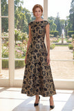 Vestido largo de madre de la novia Jacquard de cuello bateau negro de línea