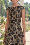 Vestido largo de madre de la novia Jacquard de cuello bateau negro de línea