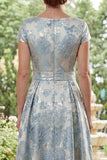 Vestido largo de madre de la novia con cuello bateau jacquard azul A-line con lazo