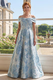 Vestido largo de madre de la novia azul jacquard de línea A descubierto
