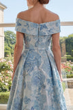 Vestido largo de madre de la novia azul jacquard de línea A descubierto