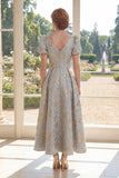 Vestido largo de madre de la novia A-line azul polvoriento Jacquard de escote en V con mangas abullonadas