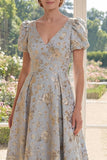 Vestido largo de madre de la novia A-line azul polvoriento Jacquard de escote en V con mangas abullonadas