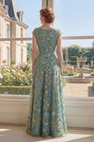 Vestido largo de Madre de la Novia de tul verde bordado en V, cuello en V