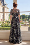 Vestido de Madre de la Novia de tul negro con escote bateau de línea A