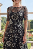 Vestido de Madre de la Novia de tul negro con escote bateau de línea A