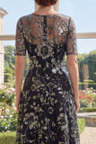 Vestido de Madre de la Novia de tul negro con escote bateau de línea A