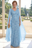 Vestido largo de madre de la novia con escote en V azul claro y funda