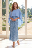 Vestido largo de madre de novia con capa azul claro brillante