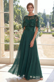 Tul verde oscuro con cuentas y vestido largo de madre de la novia con capa