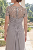 Vestido de madre de la novia largo de vaina de gasa gris con cuentas