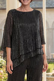 Vestido negro asimétrico de dos piezas de la madre de la novia con manga media