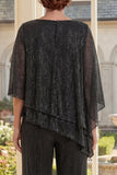 Vestido negro asimétrico de dos piezas de la madre de la novia con manga media