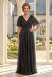 Vestido largo de madre de la novia negro en línea en A, escote en V, con mangas aleteadas