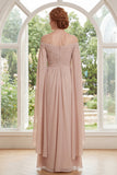 Vestido de Madre de la Novia con champán de chiffon descubierto y mangas de capa