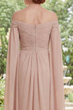 Vestido de Madre de la Novia con champán de chiffon descubierto y mangas de capa