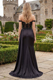 Vestido largo largo de graduación sirena negro de satén al hombro y cuentas fruncidas, con abertura