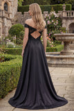 Vestido largo de graduación negro de satén de línea A, con cuentas y hombros
