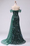 Vestido largo de graduación con lentejuelas de sirena verde oscuro con hombros descubiertos y brillante