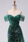 Vestido largo de graduación con lentejuelas de sirena verde oscuro con hombros descubiertos y brillante