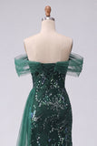 Vestido largo de graduación con lentejuelas de sirena verde oscuro con hombros descubiertos y brillante