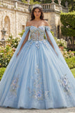 Vestido de baile azul cielo con hombros descubiertos y flores 3D