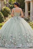Vestido de quinceañera con escote cuadrado con flores de salvia y aplicación