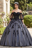 Vestido de baile negro con aplíquas descubiertos en la Quinceañera