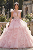 Vestido de gala rosa con volantes y vestido de quinceañera con pligués y flores tridimensionales