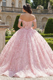 Vestido de baile rosa con corsé de hombros descubiertos y apliqueado vestido de quinceañera
