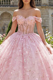 Vestido de baile rosa con corsé de hombros descubiertos y apliqueado vestido de quinceañera