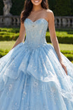 Vestido de quinceañera azul cielo con volantes corsé de gala de gala