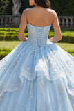Vestido de quinceañera azul cielo con volantes corsé de gala de gala