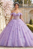 Vestido de gala corsé al hombro descubierto, vestido lila de quinceañera con flores tridimensionales