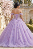 Vestido de gala corsé al hombro descubierto, vestido lila de quinceañera con flores tridimensionales