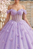 Vestido de gala corsé al hombro descubierto, vestido lila de quinceañera con flores tridimensionales