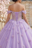 Vestido de gala corsé al hombro descubierto, vestido lila de quinceañera con flores tridimensionales