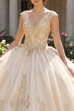 Vestido de baile de Quinceañera con escote en V con aplicación de champán