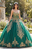 Vestido de gala verde corsé sin tirantes con aplicación de quinceañera