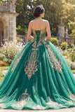 Vestido de gala verde corsé sin tirantes con aplicación de quinceañera