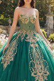 Vestido de gala verde corsé sin tirantes con aplicación de quinceañera