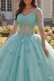 Vestido de baile verde claro corsé de manga media con flor 3D Vestido de quinceañera