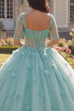 Vestido de baile verde claro corsé de manga media con flor 3D Vestido de quinceañera