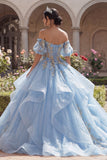 Vestido de baile floral azul cielo con corsé de quinceañera con flor descubierto