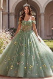 Vestido de baile verde corsé verde con hombros descubiertos y vestido floral de quinceañera