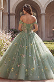 Vestido de baile verde corsé verde con hombros descubiertos y vestido floral de quinceañera