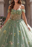 Vestido de baile verde corsé verde con hombros descubiertos y vestido floral de quinceañera