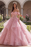 Vestido de baile rosa con hombros descubiertos y volantes de quinceañera