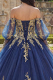 Vestido de baile de manga larga con aplícos al aire marino y hombros descubiertos de la quinceañera