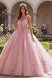 Vestido de baile de quinceañera con tirantes finos rosas, corsé con apliques, vestido de corte